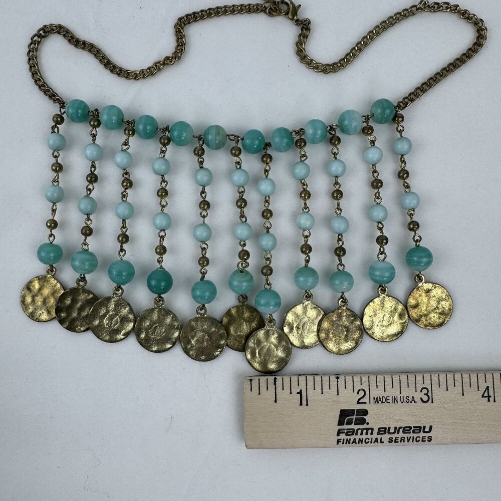 Vtg Multi-Strand Faux Jade Beaded Necklace 21" Brass Discs Art Deco Statement - Picture 8 of 9
